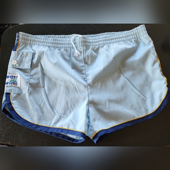 Vintage 60s 70s Water Works Beachwear Men’s Medium Cotton Swim Trunks Lite Blue